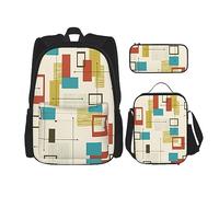 vacsAX Mochila impermeable ligera con diseño de rayas en blanco y negro (juego de 3 piezas) con bolsa de almuerzo, estuche para lápices para oficina y escuela, Moderno de mediados de siglo, Talla