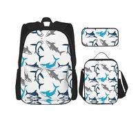 vacsAX Mochila impermeable ligera con diseño de rayas en blanco y negro (juego de 3 piezas) con bolsa de almuerzo, estuche para lápices para oficina y escuela, Tiburones de dibujos animados, Talla