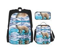 vacsAX Mochila impermeable ligera con rayas de color arcoíris (juego de 3 piezas) con bolsa de almuerzo, estuche para lápices para oficina y escuela, Oso Polar Ice, Talla única