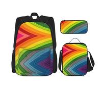 vacsAX Mochila impermeable ligera con rayas de color arcoíris (juego de 3 piezas) con bolsa de almuerzo, estuche para lápices para oficina y escuela, Rayas de color arcoíris, Talla única