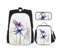 vacsAX Mochila impermeable ligera con temática de dinosaurios (juego de 3 piezas) con bolsa de almuerzo, estuche para lápices para oficina y escuela, Libélula colorida., Talla única