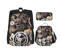 vacsAX Mochila impermeable ligera de ágata verde azulado (juego de 3 piezas) con bolsa de almuerzo, estuche para lápices para oficina y escuela, Engranajes mecánicos Steampunk, Talla única