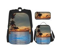vacsAX Mochila impermeable ligera de ágata verde azulado (juego de 3 piezas) con bolsa de almuerzo, estuche para lápices para oficina y escuela, Océano Palmera Puesta, Talla única