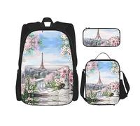 vacsAX Mochila impermeable ligera de ágata verde azulado (juego de 3 piezas) con bolsa de almuerzo, estuche para lápices para oficina y escuela, Torre Eiffel Vista París, Talla única