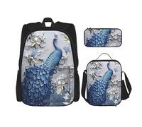 vacsAX Mochila impermeable ligera de camuflaje azul (juego de 3 piezas) con bolsa de almuerzo, estuche para lápices para oficina y escuela, Hermoso pavo real, Talla única