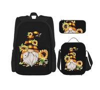 vacsAX Mochila impermeable ligera gótica Happy Halloween (juego de 3 piezas) con bolsa de almuerzo, estuche para lápices para oficina y escuela, Gnomo Abeja Amarillo Floral, Talla única, moderno