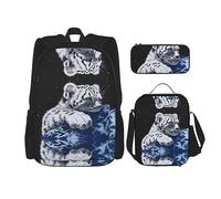 vacsAX Mochila ligera impermeable con diseño de perro maltés (3 piezas) con bolsa de almuerzo, estuche para lápices para oficina o escuela, Tigre pequeño en el espacio, Talla única