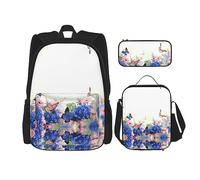 vacsAX Mochila ligera impermeable con diseño de perro maltés (3 piezas) con bolsa de almuerzo, estuche para lápices para oficina o escuela, Hortensias Margaritas Mariposas, Talla única