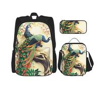 vacsAX Oriental Peacock on Flower Tree Mochila impermeable ligera (juego de 3 piezas) con bolsa de almuerzo, estuche para lápices para oficina escuela, Pavo real oriental en árbol de flores, Talla