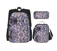 vacsAX Oriental Peacock on Flower Tree Mochila impermeable ligera (juego de 3 piezas) con bolsa de almuerzo, estuche para lápices para oficina escuela, Mármol morado, Talla única