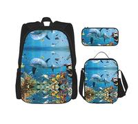 vacsAX Oriental Peacock on Flower Tree Mochila impermeable ligera (juego de 3 piezas) con bolsa de almuerzo, estuche para lápices para oficina escuela, Delfín Océano Mirándote, Talla única