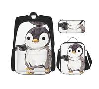 vacsAX Pawful Paws - Mochila impermeable ligera (juego de 3 piezas) con bolsa de almuerzo, estuche para lápices para oficina y escuela, Pingüino de dibujos, Talla única