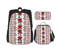 vacsAX Pawful Paws - Mochila impermeable ligera (juego de 3 piezas) con bolsa de almuerzo, estuche para lápices para oficina y escuela, Rosa estilo bordado ucraniano, Talla única
