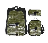 vacsAX Pawful Paws - Mochila impermeable ligera (juego de 3 piezas) con bolsa de almuerzo, estuche para lápices para oficina y escuela, Loon Nature Bird, Talla única