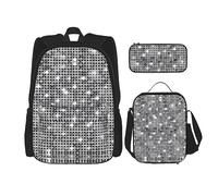vacsAX Pawful Paws - Mochila impermeable ligera (juego de 3 piezas) con bolsa de almuerzo, estuche para lápices para oficina y escuela, Patrón brillante de lentejuelas plateadas, Talla única