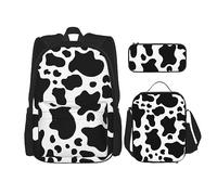 vacsAX Pawful Paws - Mochila impermeable ligera (juego de 3 piezas) con bolsa de almuerzo, estuche para lápices para oficina y escuela, Vaca blanca y negra, Talla única