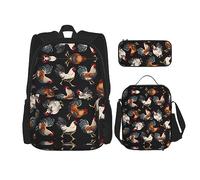 vacsAX Pawful Paws - Mochila impermeable ligera (juego de 3 piezas) con bolsa de almuerzo, estuche para lápices para oficina y escuela, Gallos Franceses, Talla única