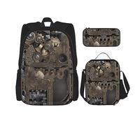 vacsAX Pawful Paws - Mochila impermeable ligera (juego de 3 piezas) con bolsa de almuerzo, estuche para lápices para oficina y escuela, Engranajes mecánicos Steampunk, Talla única