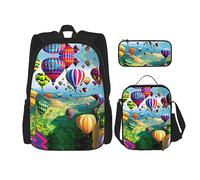 vacsAX Pawful Paws - Mochila ligera e impermeable (juego de 3 piezas) con bolsa de almuerzo, estuche para lápices para oficina y escuela, Globos de aire caliente, Talla única, moderno