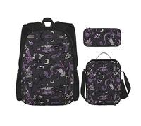 vacsAX Pawful Paws - Mochila ligera e impermeable (juego de 3 piezas) con bolsa de almuerzo, estuche para lápices para oficina y escuela, Morado Negro Goth Spooky, Talla única, moderno