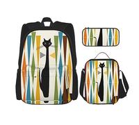 vacsAX Pawful Paws - Mochila ligera e impermeable (juego de 3 piezas) con bolsa de almuerzo, estuche para lápices para oficina y escuela, Gato de arte moderno de mediados de siglo, Talla única,