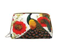 vacsAX Pequeña bolsa de maquillaje de cuero elegante bolsa de maquillaje con - perfecto para maquillaje, artículos de tocador y pinceles, pavo real, flor roja, Flor Roja Pavo Real, Talla única