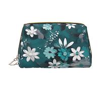 vacsAX Pequeña bolsa de maquillaje de cuero elegante con - perfecto para maquillaje, artículos de tocador y pinceles, verde azulado, gris y blanco floral, Verde azulado gris y blanco floral, Talla