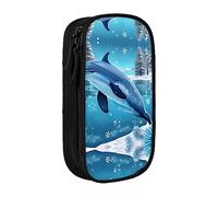 vacsAX Winter The Dolphin - Estuche para lápices de lona con cremallera, doble capa, gran capacidad, caja organizadora, Black, Talla única, Organizador de bolsas