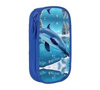 vacsAX Winter The Dolphin - Estuche para lápices de lona con cremallera, doble capa, gran capacidad, caja organizadora, Blue, Talla única, Organizador de bolsas