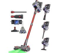 VACTechPro 55KPa/600W/70Min Escoba Aspiradora sin Cable, Aspirador Vertical | 1.6L Escoba Aspirador sin Cable con Filtración de 8 Capas, Súper Silencioso Aspirador Vertical con Cepillo Antienredos, Rojo