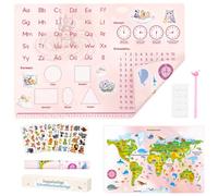 Vade de escritorio infantil de doble cara, 60 x 40 cm, mapa del mundo, ABC, geometría, aprendizaje del reloj, antideslizante, impermeable, resistente a los arañazos, alfombrilla de mesa de PVC para