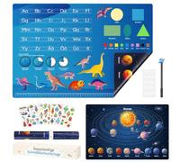 Vade de escritorio para niños y niños, alfombrilla de aprendizaje a ambos lados con números letras y formas, parte trasera del sistema solar planeta inscrito en alemán, escala en cm, escuela primaria