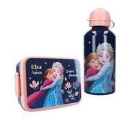 Vadobag Fiambrera y botella para niños, set de regalo, fiambrera con botella de aluminio, juego de pausas para guardería, escuela (azul oscuro Frozen)