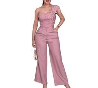 Vagbalena Conjunto de moda de verano para mujer Top corto sin mangas y de un solo hombro con bordado floral en 3D y pantalones de talle alto y pierna ancha Conjunto de dos piezas para noche (Rosa,L)