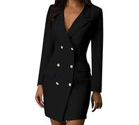 Vagbalena Vestidos de Mujer Botón Frontal con Cuello en V Chaqueta de Doble Botonadura Militar Largo Vestido de Mujer de Doble Capa Chaqueta de Punto Chaqueta Abrigo Gabardina (Negro,S)