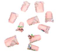Vaguelly 10piezas Arte de Uñas Removible Uñas Postizas Coreanas Diseño de Flores de Gemas de Imitación para Manicura Francesa para Nochevieja y Celebraciones Mujeres
