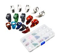 Vaguelly 15 Púas de Guitarra para Dedos de Pulgar y Dedo en Celuloide y Metal con Estuche Portátil de 15 Rejillas para Guitarra Color Aleatorio