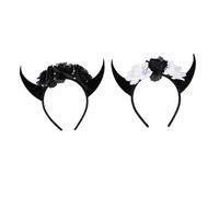 Vaguelly 2 Piezas Diadema de Cuernos de Demonio con Calavera y Flores para Halloween Accesorios de Cosplay para Fiesta Pack Negro y Gris