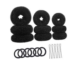 Vaguelly Juego de Accesorios Cabello Horquillas en U Bandas Elásticas de Plástico Negro 3 Sets de Soportes para Moños en Forma de Dona para Peinados Rápidos en Bodas y Banquetes