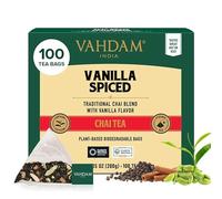 VAHDAM Té Chai Vainilla Especiado | 100 Bolsitas Piramidales | Mezcla de Té Negro Indio con Vainilla, Canela, Cardamomo, Clavo y Jengibre | Sabor Intenso | Sellado al Vacío