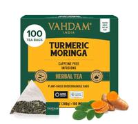 VAHDAM Té Herbal de Cúrcuma y Moringa | 100 Bolsitas Piramidales | Sin Cafeína | Mezcla de Hierbas con Especias Indias | Ingredientes Naturales | Envasado en India