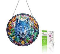 VAIIEYO 5D DIY Diamond Painting Colgante Lobo, Animal Diamante Pintura Colgantes con Cadenapara, para Ventana, Jardín, Balcón, Puerta, Hogar y Regalo, Hanging Decoración 20x20cm C8