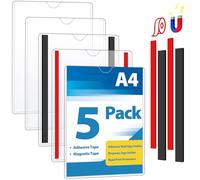 VAIIGO Soporte magnético para letreros de pared A4, soporte magnético, protectores de impresión rígidos con cintas adhesivas y magnéticas, soporte de papel de plástico para oficina, hogar, tienda, 5