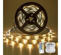 Vaileal - Tira LED de 5 m, tira LED con 8 modos, mando a distancia IR, funciona con batería, 150 tiras LED a batería para decoración, recortable, impermeable, mando a distancia (blanco cálido)