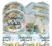 Vaisselle pour Fêtes de Voyage,53Pcs Aventure Thème Vaisselle Ensemble,Inclut le Voyage Assiettes Tasses Nappe Serviettes Décoration Carte du Monde Set Vaisselle pour Anniversaires D'enfants Les Fêtes