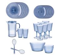 Vajilla 30 piezas poliestireno reutilizable SUNSET azul y coral - Platos boles vasos jarra copas para fiestas y eventos de exterior - Ligera y resistente Azul marino