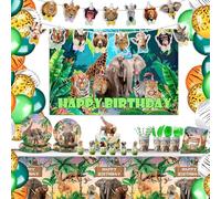 Vajilla Animales de la Jungla 20 personas - 242 pcs Decoracion Cumpleaños Animales de la Selva Vajilla Fiesta Safari Platos Vasos Servilletas Cubiertos Pajitas Toppers Mantel Globos Pancarta Guirnalda