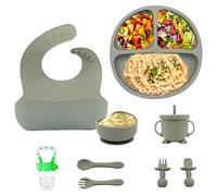 Vajilla bebé 100% de silicona, 10 piezas, libre BPA. Incluye: Babero impermeable, Plato y cuenco con ventosa + Vaso anti-ahogo + Cubiertos de aprendizaje(Azul Bebé)+REGALO CHUPETE FRUTA (Verde salvia)