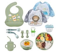 Vajilla Bebé Silicona, 10 piezas Juegos de vajilla, Cubiertos bebe, Vajilla infantil, pajita antiahogo y cubiertos con plato ventosa bebe mango de madera Babero de silicona Tenedor Babero Set (Verde)