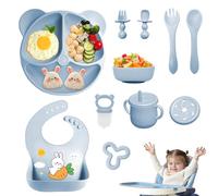 Vajilla Bebe Silicona, 11 Piezas Vajilla de Silicona para Bebés Antideslizante, Cubiertos Bebe para Comer Destete, Con Babero Taza Plato Cuenco, Juegos de Vajilla Bebe, Sin BPA (Azul)